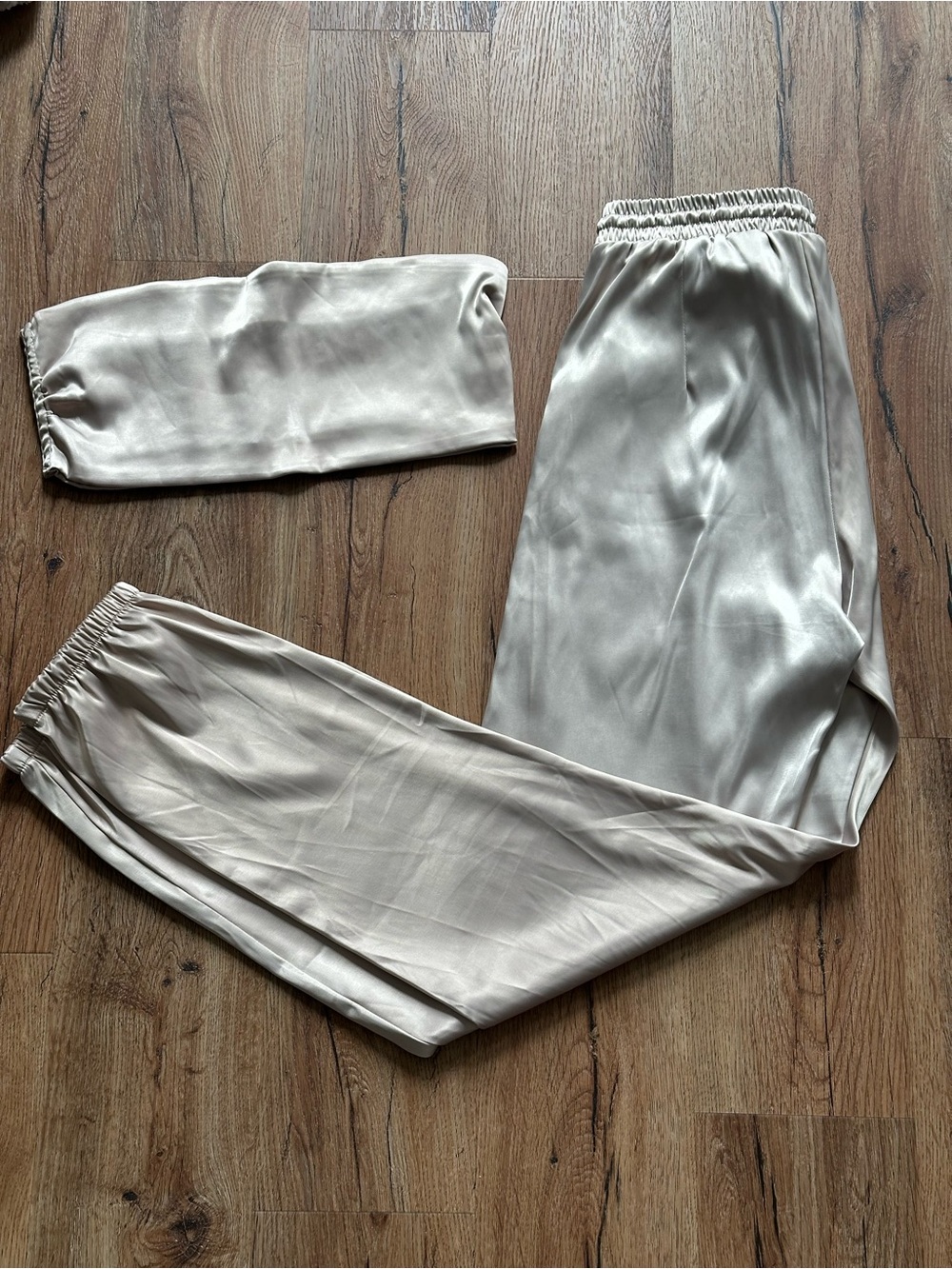 Tic Toc Light Champagne colored Satin Jogger Pants with bandeau top set